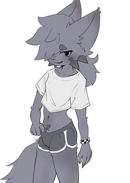 anthro blush bottomwear bracelet clothing crop_top dolphin_shorts eye_obscured freckles fur grey_body grey_fur hair jewelry male navel ponytail seductive shirt shorts simple_background solo tail topwear yamantauwu kapi_(paperkitty) domestic_cat felid feline felis mammal absurd_res hi_res unavailable_at_source