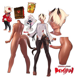 anus balls bulge butt clothed clothing erection erection_under_clothing femboy genitals hair hair_over_eye horn jacket male not_furry nude one_eye_obstructed penis simple_background solo tail text text_on_clothing text_on_jacket text_on_topwear topwear white_background suto demon humanoid mammal tailed_humanoid hi_res japanese_text model_sheet