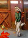 animal_stall anthro autumn biped clothing femboy inside scarf shy solo stable standing sweater topwear caatnip equid equine horse mammal