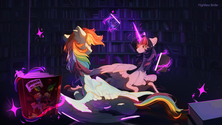 book duo eye_contact female female/female feral hair horn library long_hair looking_at_another lying magic on_front sparkles wings tiredptich friendship_is_magic hasbro my_little_pony mythology rainbow_dash_(mlp) twilight_sparkle_(mlp) equid equine mammal mythological_creature mythological_equine pegasus winged_unicorn 16:9 hi_res widescreen