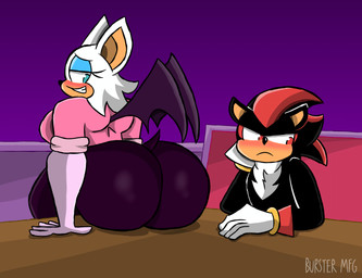 anthro bedroom_eyes big_breasts big_butt blush breasts butt clothing duo embarrassed eyelashes female furniture huge_butt looking_at_another looking_away male narrowed_eyes on_table presenting presenting_hindquarters seductive sitting sitting_on_desk sitting_on_table table text tight_clothing wings burster_mfg sega sonic_the_hedgehog_(series) rouge_the_bat shadow_the_hedgehog bat eulipotyphlan hedgehog mammal absurd_res artist_name hi_res