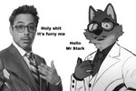 2022 anthro beard canid canine canis claws clothed clothing dialogue dreamworks dress_shirt duo english_text eyebrows eyewear facial_hair fur glasses greeting greyscale hair hi_res human humanoid_hands humor i'm_stuff image_macro jacket lol_comments looking_at_viewer male mammal meme mixed_media monochrome mr._wolf_(the_bad_guys) mustache necktie photo_manipulation profanity real redraw robert_downey_jr. shirt shitpost square_crossover suit text thatlazyrat the_bad_guys there_are_federal_agents_outside_my_house third-party_edit topwear tuft wolf