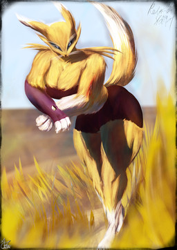 anthro beach big_breasts blue_eyes breasts female fingers fluffy fur grass looking_at_viewer paws plant sand sea solo thick_arms thick_thighs vintage water white_body white_fur yellow_body yellow_fur alostcarolean bandai_namco digimon canid digimon_(species) mammal renamon absurd_res full-length_portrait hi_res huge_filesize portrait