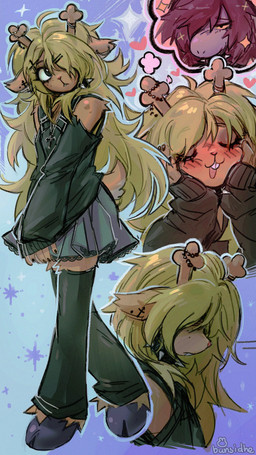 anthro antler_accessory antlers black_eyes blonde_hair blush blush_lines bottomwear brown_body brown_fur buckteeth clothed clothed_anthro clothing cloven_hooves collar ear_piercing eyelashes eyes_closed female freckled_face freckles fur furgonomics hair heart_symbol hooves horn legwear long_hair obscured_eyes one_eye_obstructed open_mouth piercing purple_body purple_hair simple_background skirt solo sparkles spiked_collar spikes tail teeth thought_bubble yellow_sclera bunsidhe deltarune undertale_(series) noelle_holiday susie_(deltarune) cervine deer mammal scalie 2025 9:16 hi_res signature