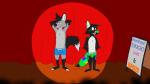 anthro blue_clothing blue_eyes blue_underwear boxer_briefs briefs briefs_only bulge clothed clothing duo green_briefs green_clothing green_underwear looking_at_viewer male spotlight stage topless underwear underwear_only scuzzyfox canid canine fox mammal 2016 absurd_res hi_res