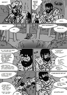 anthro armor blood bodily_fluids dialogue duo forest hairy male muscular muscular_male plant snow text tree wounded husky92 european_mythology greek_mythology mythology bovid bovine humanoid mammal minotaur orc comic english_text hi_res monochrome multiple_scenes
