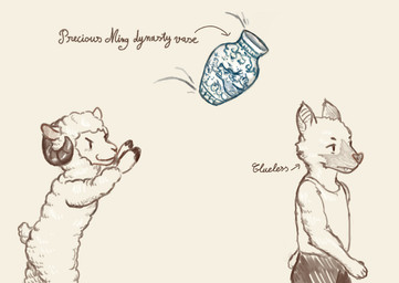 anthro bottomwear clothing directional_arrow duo ears_up eyebrows fur horn looking_at_another male pants scut_tail sheep_tail shirt short_tail smile smiling_at_another tail tank_top text throwing throwing_object topwear vase white_body white_fur white_wool wool_(fur) reynard_goodfellow reynard_the_baa bovid caprine mammal sheep