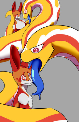 anthro coiling duo fur hypnosis male mind_control oral_vore orange_body orange_fur spiral spiral_eyes tongue tongue_out vore yellow_body yelling_mouse lagomorph leporid mammal rabbit reptile scalie snake hi_res