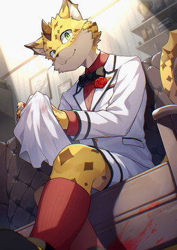 anthro blood blood_on_hand bodily_fluids bottomwear clothing detailed_background footwear fur green_eyes inside looking_at_viewer male shirt shorts sitting socks solo suit tail topwear yellow_body yellow_fur ponzu_tas lifewonders tokyo_afterschool_summoners ose_(tas) felid leopard mammal pantherine 2023 hi_res