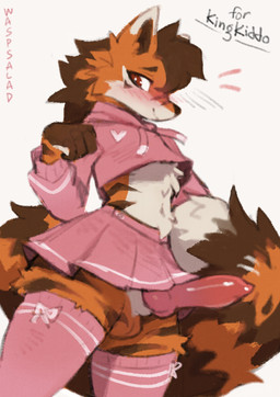 5_fingers animal_genitalia animal_penis animal_print anthro balls big_tail blush blush_lines bottomwear bow_ribbon brown_hair brown_markings canine_genitalia canine_penis chest_tuft clothed clothing countershading crop_top crossdressing crossdressing_male dipstick_ears dipstick_tail ear_markings erection erection_under_skirt femboy fingers fluffy fluffy_tail front_view fur genitals hair heart_(marking) heart_symbol legwear male male_anthro markings miniskirt motion_lines multicolored_ears navel orange_body orange_fur orange_markings penis pink_bottomwear pink_clothing pink_crop_top pink_shirt pink_skirt pink_topwear red_eyes shirt simple_background skirt solo stockings tail tail_markings text thigh_highs tiger_print topwear tuft white_bow wide_hips waspsalad canid canine fox hybrid mammal maned_wolf 2026 artist_name digital_media_(artwork) hi_res signature watermark
