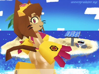 alternate_costume bikini butt cat_tail clothing cloud duo eyewear female island looking_at_viewer low_poly machine male official_alternate_costume rear_view solar_panel sunglasses swimwear tail two-piece_swimsuit website_url wet wet_body unevenprankster gameoverse glitch_productions kaboodle_(gameoverse) kit_bodega domestic_cat felid feline felis mammal robot waddling_head 3d_(artwork) 4:3 digital_media_(artwork) dithering watermark