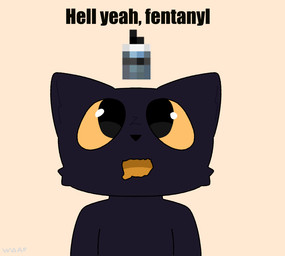 anthro black_body black_fur bodily_fluids drooling drugs fentanyl fur herm intersex saliva simple_background solo standing text yellow_mouth yellow_sclera wdaf casualties:_unknown expie_(gunsawian) gunsawian english_text meme