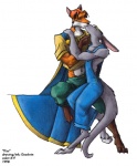 anthro cloak clothing duo kissing male male/male simple_background tail white_background worker chris_goodwin k-9 canid canine fox kangaroo macropod mammal marsupial 1998 artist_collaboration