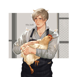3_toes 5_fingers accessory arms_bent avian_caruncle bangs beady_eyes beak beak_closed black_clothing black_eyes black_overalls blonde_hair blue_eyes closed_smile clothed clothed_human clothed_male clothing comb_(anatomy) dewlap_(anatomy) duo eyebrow_through_hair eyebrows farmer feather_in_hair feathers feet female feral fingers fully_clothed fully_clothed_human fully_clothed_male grey_dress_shirt hair hair_accessory happy head_crest holding_another larger_human larger_male light lips loose_feather male mouth_closed orange_beak outline overalls short_hair simple_background size_difference smaller_female smaller_feral smile talons tan_body tan_lips tan_skin text toes translucent translucent_hair wattle white_body white_feathers white_outline chesue00 capcom resident_evil leon_kennedy avian bird chicken galliform human mammal phasianid 1:1 2025 artist_name colored digital_drawing_(artwork) digital_media_(artwork) english_description hi_res lighting shaded