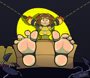 4_toes anthro breasts brown_hair chain clothing feet female foot_fetish hair imminent_tickling restraints smile soles stocks tickling toes yellow_clothing mrvalentim gameoverse glitch_productions kit_bodega domestic_cat felid feline felis mammal hi_res