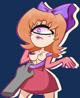 1_eye areola assisted_exposure blush breasts clothed clothing collarbone disembodied_hand dress duo embarrassed exposed_breasts eyeliner female forced freckles gloves hair handwear makeup nipples not_furry nude orange_hair purple_eyes ribbons simple_background sloped_breasts transparent_background chinigan cyclops humanoid alpha_channel hi_res