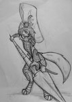 anthro armor asian_clothing clothing east_asian_clothing female hair historical japanese_clothing looking_at_viewer medieval melee_weapon polearm simple_background solo spear weapon aars fan_character canid canine canis hybrid mammal wolf wolfdog absurd_res hi_res monochrome traditional_media_(artwork)