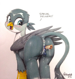 anus beak blush bodily_fluids butt dialogue feathered_wings feathers female feral genital_fluids genitals improvised_sex_toy looking_back penetration raised_tail scroll solo tail tail_anus text vaginal vaginal_fluids vaginal_penetration vulva wings selenophile friendship_is_magic hasbro my_little_pony mythology gabby_(mlp) avian gryphon mythological_avian mythological_creature 2016 absurd_res english_text hi_res