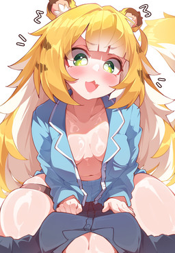animal_ears bare_legs blonde_hair blush breasts cleavage clothed clothing collarbone cute_fangs fangs female first_person_view fluffy_ears glistening glistening_body green_eyes hair happy long_hair lying medium_breasts navel open_mouth open_pajamas pajama_shirt pajama_shorts simple_background sitting sitting_on_another striped_hair teeth waking_up white_background white_hair young young_female young_humanoid orcavice mihoyo zenless_zone_zero ju_fufu animal_humanoid felid felid_humanoid humanoid mammal mammal_humanoid pantherine pantherine_humanoid thiren tiger_humanoid absurd_res hi_res