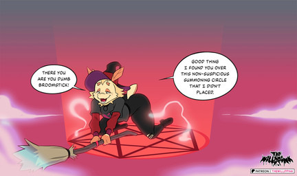 ambiguous_gender anthro broom butt butt_expansion cleaning_tool clothing dialogue disembodied_penis expansion expansion_sequence genitals hat headgear headwear hyper magic magic_circle male occult_symbol penis pentagram solo speech_bubble symbol text witch_hat thewilldpink arthropod insect lepidopteran moth animated comic english_text slideshow