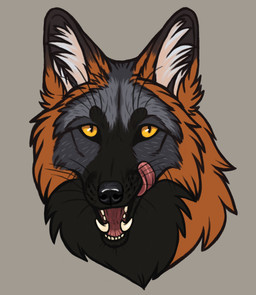 ambiguous_form ambiguous_gender black_body black_fur black_nose cheek_tuft facial_tuft fangs fur glistening glistening_eyes grey_background grey_body grey_fur inner_ear_fluff licking licking_lips licking_own_lips looking_at_viewer neck_tuft open_mouth orange_body orange_fur pupils simple_background slit_pupils solo teeth tongue tongue_out tuft whiskers white_inner_ear_fluff yellow_eyes heatherwolf canid canine fox mammal hi_res