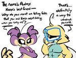1-upclock abs aipom anthro athletic athletic_male audrey_(1-upclock) beads dialogue dunsparce duo english_text eyewear female generation_2_pokemon glasses greeting hair hair_beads hi_res jayce_(1-upclock) male male/female nintendo pecs pokemon pokemon_(species) simple_background smile text white_background white_eyes wings