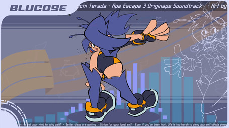 anthro banana bent_over blue_body blue_fur bottomwear breasts butt butt_slap clothed clothing dancing ear_piercing ear_ring eyewear eyewear_on_head female fingerless_gloves food footwear fruit fur gloves goggles goggles_on_head hair handwear jacket music musical_note musical_symbol pale_body pale_skin piercing plant ponytail raised_arm ring_piercing shaking_butt shoes shorts slap smile smiling_at_viewer sneakers solo spanking sparkles sucrian sugar symbol tail text topwear under_boob visual_equalizer renigma ape_escape sony_corporation sony_interactive_entertainment blucose_(renigma) alien haplorhine mammal monkey primate 16:9 2026 2d_animation animated credits digital_media_(artwork) english_text hi_res loop short_playtime sound tagme video widescreen