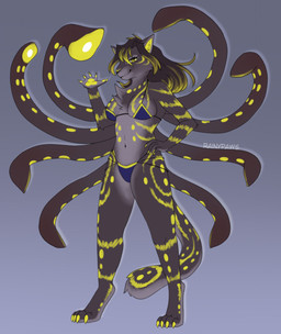 anthro bikini black_hair blonde_hair blue_bikini blue_clothing blue_swimwear breasts chest_tuft claws clothing female finger_claws fur fur_markings grey_body grey_fur hair hand_on_hip hand_on_own_hip inner_ear_fluff long_hair looking_at_viewer markings medium_breasts navel pawpads smile solo standing swimwear tail tentacles text toe_claws tuft two-piece_swimsuit yellow_body yellow_eyes yellow_fur yellow_inner_ear_fluff yellow_pawpads rainypaws cephalopod coleoid felid feline hybrid mammal marine mollusk octopodiform octopus artist_name hi_res