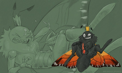 3_fingers 4_legs antennae_(anatomy) anthro anthrofied arthropod_abdomen black_body bodily_fluids crown cum cum_drip cum_on_face cum_on_self dripping ejaculation eyespots fingers folded_wings genital_fluids genitals grin headgear insect_wings male markings masturbation mishap pained_expression penis pink_penis ruff saliva sharp_teeth smile solo tapering_penis teeth toothy_grin wing_markings wings weaselpuss disney hoppers_(disney) pixar titus_(hoppers) arthropod butterfly insect lepidopteran monarch_butterfly 5:3 hatching_(art) hi_res shaded