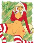 anthro biped bottomless choker clothed clothing female genitals holidays jewelry legwear looking_at_viewer necklace open_mouth pussy sitting smile solo text thigh_highs chango-tan christmas friendship_is_magic hasbro my_little_pony applejack_(mlp) 4:5 absurd_res hi_res