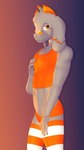 anthro clothing crop_top floppy_ears fur grey_body grey_fur hair horn legwear male orange_boy_shorts orange_clothing orange_crop_top orange_eyes orange_horn orange_legwear orange_shirt orange_thigh_highs orange_topwear pattern_clothing pattern_legwear pattern_thigh_highs shirt solo striped_clothing striped_legwear striped_thigh_highs stripes thigh_highs topwear conditional_dnp gusta gusta_(gusta) bovid caprine goat mammal hi_res