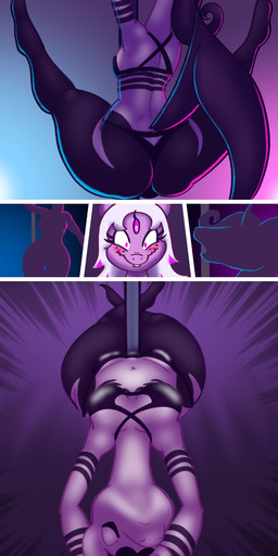 3_eyes anthro clothing dancing dialogue duo erection eyeliner female genitals horn lingerie makeup male multi_eye penis pole pole_dancing teats text terdburgler floraverse mythology amdusias_(floraverse) orobas_(floraverse) equid equine horse mammal mythological_creature mythological_equine pony unicorn 1:3 comic english_text hi_res