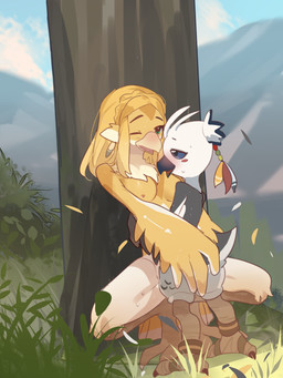 age_difference alternate_species anthro blue_eyes breasts crouching erection female green_eyes hug leaning_on_object looking_pleasured male male/female open_mouth outside penetration plant size_difference tree white_body yellow_body young young_male suikaels nintendo the_legend_of_zelda princess_zelda tulin_(tloz) avian rito 3:4 hi_res