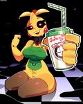 anthro apron apron_only bodily_fluids body_writing bottomless clothed clothing female heart_eyes heart_symbol kneeling legwear looking_at_viewer machine sharp_teeth solo sweat teeth text thigh_highs sheerly_(artist) five_nights_at_freddy's five_nights_at_freddy's_2 scottgames toy_chica_(fnaf) animatronic avian bird chicken galliform gallus_(genus) phasianid robot 2025 4:5 digital_media_(artwork) hi_res url