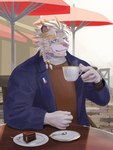 anthro beverage blonde_hair blue_eyes braided_hair cake clothing container cup dessert food fur furniture hair male solo sweater table tea tea_cup topwear white_body white_fur 581rsiy lifewonders live_a_hero astosis felid lion mammal pantherine hi_res