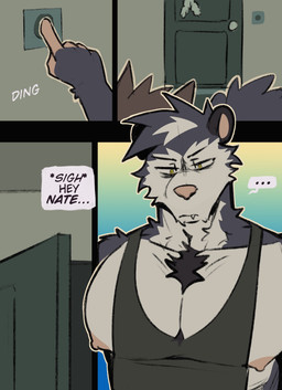 4_panel_comic anthro big_muscles big_pecs black_body black_fur body_hair chest_hair clothing ellipsis fur green_clothing green_shirt green_tank_top green_topwear group huge_pecs male muscular muscular_anthro muscular_male neck_tuft pecs shirt solo_focus tank_top text topwear trio tuft white_body white_fur yellow_eyes king_slabu adrian_(king_slabu) nathan_(king_slabu) nolan_(king_slabu) american_opossum canid canine canis domestic_dog mammal marsupial spirit virginia_opossum comic digital_media_(artwork) english_text hi_res brother_(lore) brothers_(lore) sibling_(lore)