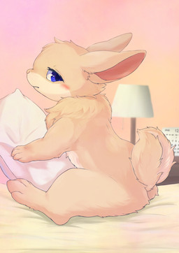 3_toes ambiguous_gender anthro bed bedding blue_eyes blush butt cheek_tuft chest_tuft countershade_face countershade_fur countershade_torso countershading detailed_background facial_tuft feet fingers fluffy fluffy_tail fur furniture head_tuft inner_ear_fluff inside lamp looking_at_viewer looking_back multicolored_body multicolored_fur neck_tuft nude on_bed paws pillow pink_inner_ear pink_nose semi-anthro short_tail side_view sitting solo tail tan_body tan_fur tan_tail toes tuft two_tone_body two_tone_fur whiskers fusau lagomorph leporid mammal rabbit 2022 absurd_res detailed digital_media_(artwork) hi_res shaded