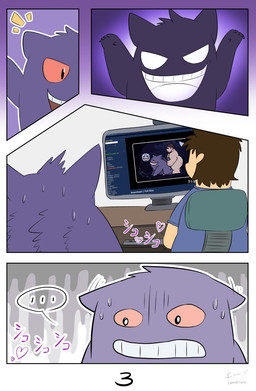 anthro bodily_fluids clothing computer electronics ellipsis kemono male male/male purple_body scared shirt sitting sweat text topwear nakadashimashta e621 nintendo pokemon generation_1_pokemon gengar human mammal pokemon_(species) 2019 comic japanese_text