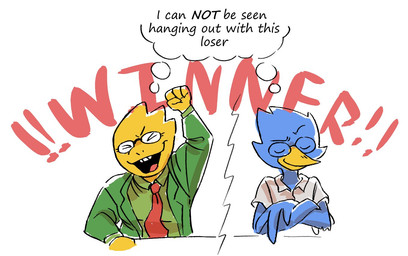 anthro beak blue_body blue_feathers breasts buckteeth clothed clothing collared_shirt crossed_arms dress_shirt duo eyebrows eyes_closed eyewear feathers female fist_pump front_view fully_clothed glasses humor jacket necktie non-mammal_breasts open_mouth open_smile raised_eyebrow scales shirt simple_background smile smirk smug teeth text thought_bubble topwear winged_arms wings yellow_body yellow_scales coalbones deltarune undertale_(series) alphys berdly avian bird blue_jay corvid jay_(bird) lizard new_world_jay oscine passerine reptile scalie english_text half-length_portrait portrait