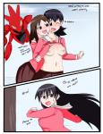 arthropod azumanga_daioh black_hair bottomwear breasts brown_eyes brown_hair carapace clothed clothing clothing_lift comic crossover dialogue distraction embarrassed english_text female female/female floating gate generation_2_pokemon grey_eyes group hair hi_res human human_focus human_on_human insect intraspecies inuyuru kasuga_ayumu long_hair mammal nintendo nipples not_furry_focus open_mouth orange_eyes outside pokemon pokemon_(species) red_body red_skin sakaki school_uniform scizor seductive shirt shirt_lift short_hair skirt sky spikes takino_tomo text topwear uniform worried