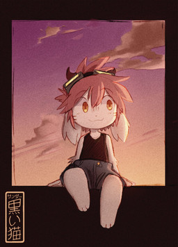 anthro black_border black_clothing black_shirt black_tank_top black_topwear blue_bottomwear blue_clothing blue_shorts border bottomwear cheek_stripes clothing cloud eyewear eyewear_on_head goggles goggles_on_head hair horn male pink_hair red_horn red_stripes shirt shorts sitting sky skyscape solo stripes tank_top topwear white_body yellow_eyes koiyaroid nami_(koiyaroid) mammal unknown_species hi_res signature