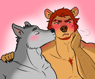 after_sex anthro anthro_on_anthro duo facial_hair freckles glowing grumpy hair male male/male playful red_hair shy barakuma bear canid canine canis mammal wolf 6:5