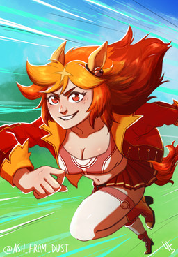 blurred_background boots clothed clothing crop_top female footwear hair humanoid_hands jacket legwear light_body light_skin long_hair looking_at_viewer motion_lines navel open_clothing open_jacket open_topwear orange_hair outdoor_background outside pokeball pokeball_clothing red_eyes running shirt shoes smile smiling_at_viewer solo tail thigh_highs topwear ash_from_dust cygames nintendo pokemon uma_musume_pretty_derby animal_humanoid equid equid_humanoid equine equine_humanoid generation_1_pokemon horse_humanoid humanoid mammal mammal_humanoid pokemon_(species) rapidash 2026 digital_drawing_(artwork) digital_media_(artwork) english_description hi_res