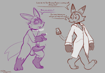 4_fingers 5_eyes animal_genitalia anthro aphrodisiac blush bodily_fluids breath clothing coat dialogue dripping drooling duo erection fingers genital_fluids genitals gloves_(marking) lab_coat leg_markings looking_back male markings mindless multi_eye penis precum precum_drip saliva sheath smile socks_(marking) speech_bubble tapering_penis text topwear walking felino kero_carrotine pakuun unknown_species 2026 english_text hi_res restricted_palette sketch
