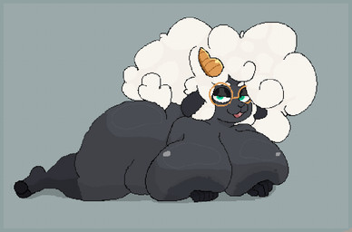 abstract_background anthro areola bedroom_eyes big_areola big_breasts big_butt black_areola black_body breasts butt eyewear glasses glistening glistening_body green_eyes gynomorph hand_under_breast hooves horn huge_breasts huge_butt intersex looking_at_viewer lying narrowed_eyes on_front open_mouth overweight overweight_gynomorph overweight_intersex seductive side_view smile solo squish wool_hair yellow_horn anonymous_artist unnamed_sheep_(prisma) bovid caprine mammal sheep digital_media_(artwork) pixel_(artwork)