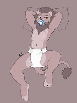 ageplay anthro brown_body brown_fur clean_diaper clothed clothing diaper diaper_only fur hands_behind_head infantilism looking_at_viewer lying male mane multi_nipple navel nipples object_in_mouth on_back pacifier pacifier_in_mouth paws pillow red_eyes roleplay solo tail tail_tuft topless tuft wearing_diaper white_diaper bedtime_buck felid lion mammal pantherine hi_res signature