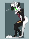 big_tail black_clothing black_legwear black_thigh_highs clothing doorframe gold_clothing legwear machine male purple_clothing simple_background solo tail tall thigh_highs anonymous_artist ares_(nsa) hybrid protogen sergal 3:4 hi_res