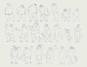 anthro belly belly_markings butt facial_markings featureless_crotch feral gesture grin group head_markings male markings moobs navel nipples nude null_bulge overweight smile stretching waving kemoniku120 ailurid bear canid canine canis demon domestic_cat domestic_dog felid feline felis haplorhine humanoid mammal monkey primate red_panda absurd_res hi_res line_art