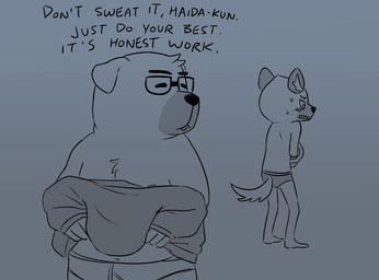 anthro belly butt clothing duo embarrassed eyewear glasses humor male male/male nipples overweight overweight_male text underbite underwear undressing stickly aggretsuko sanrio dokachin haida_(aggretsuko) canid canine canis domestic_dog hyena mammal spotted_hyena english_text sketch