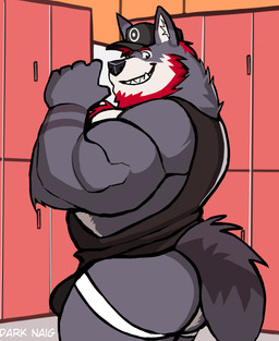 anthro barazoku baseball_cap beard biceps big_butt big_muscles body_hair butt chest_hair clothed clothing eyebrows facial_hair fur hair hat headgear headwear huge_butt huge_muscles huge_thighs inside jockstrap locker locker_room looking_at_viewer male muscular muscular_anthro muscular_male pecs shirt side_view smile solo standing tank_top teeth text thick_thighs topwear tuft underwear darknaigart canid canine canis mammal wolf 2022 absurd_res artist_name hi_res